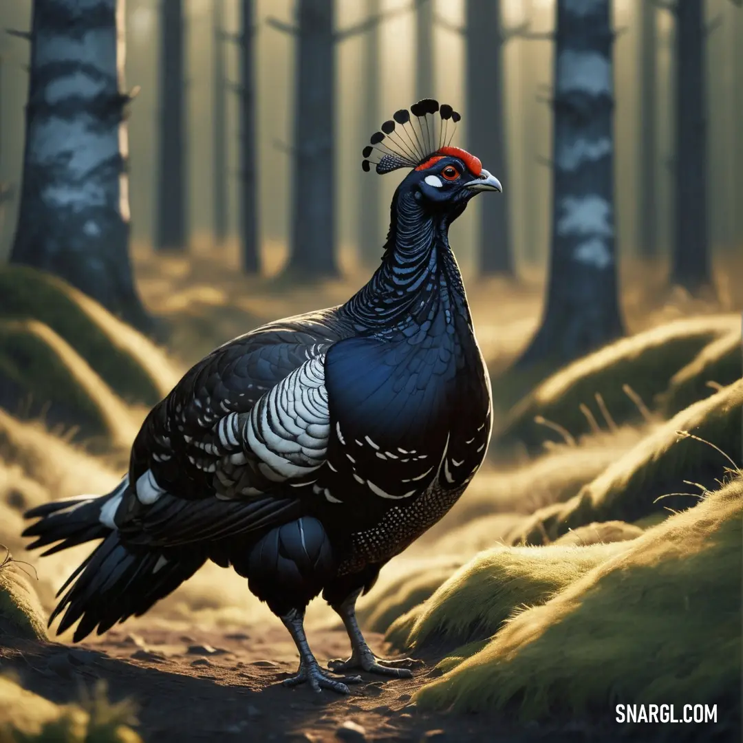 Black grouse with a red head standing in a forest with grass and trees in the background