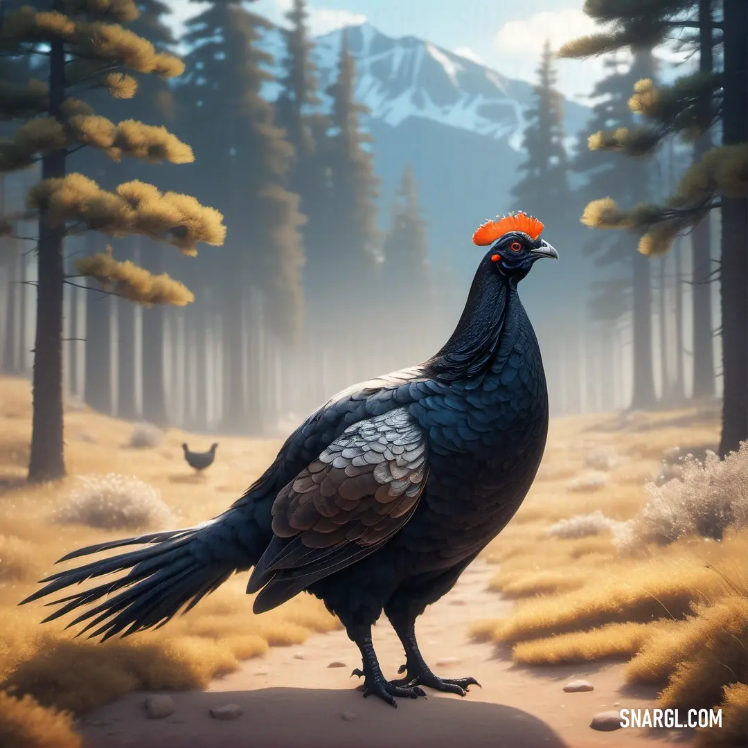 Black grouse with a red head standing on a dirt road in a forest with pine trees