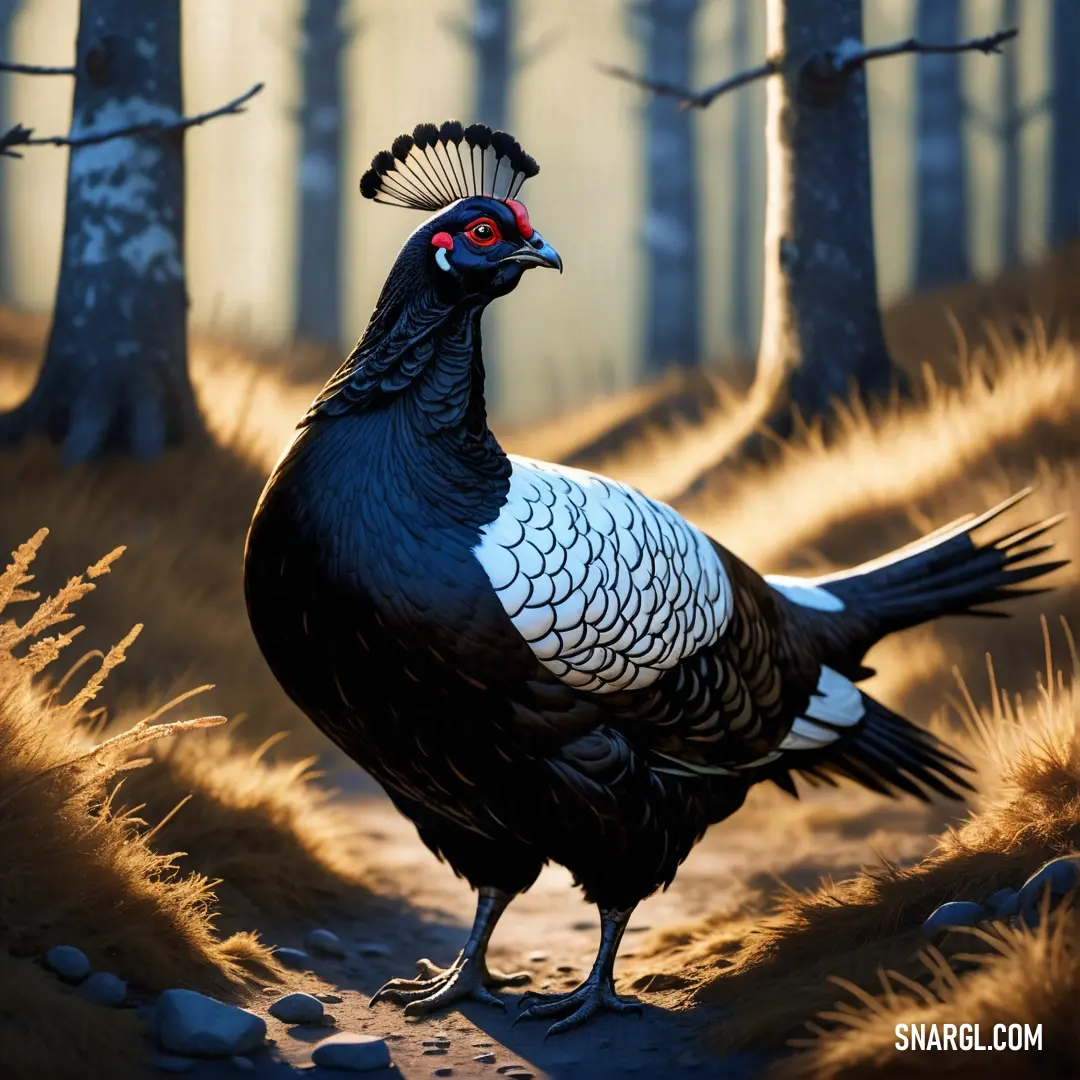 Black grouse with a red head standing in a forest with tall grass and trees in the background