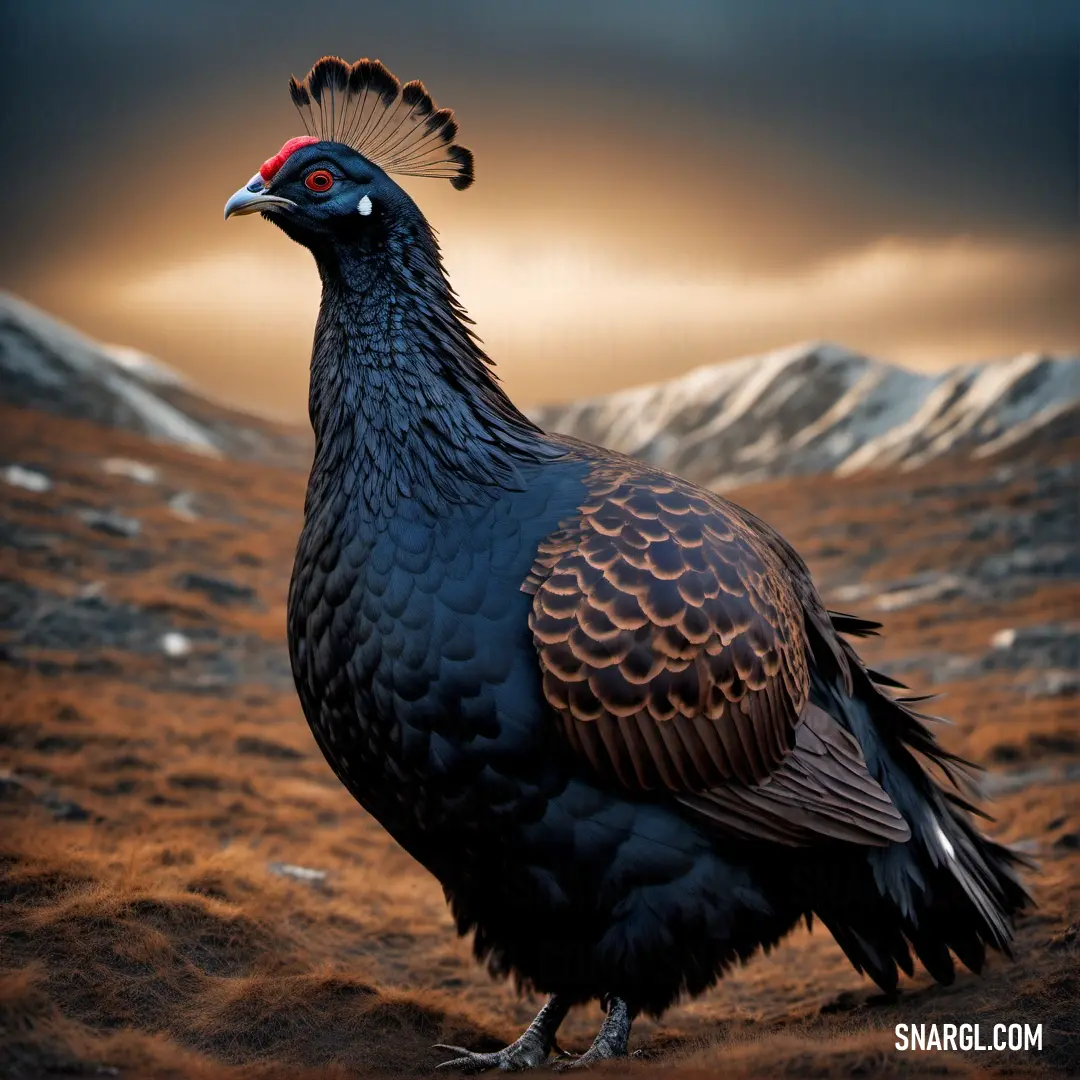 Black grouse with a red head and black feathers standing in a field with mountains in the background