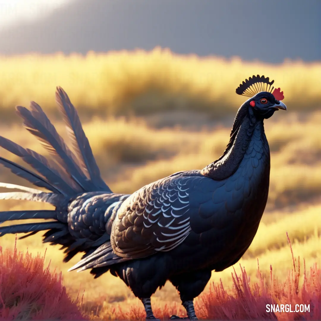 Black and white Black grouse with a red crest standing in a field of grass and pink flowers with a sky background