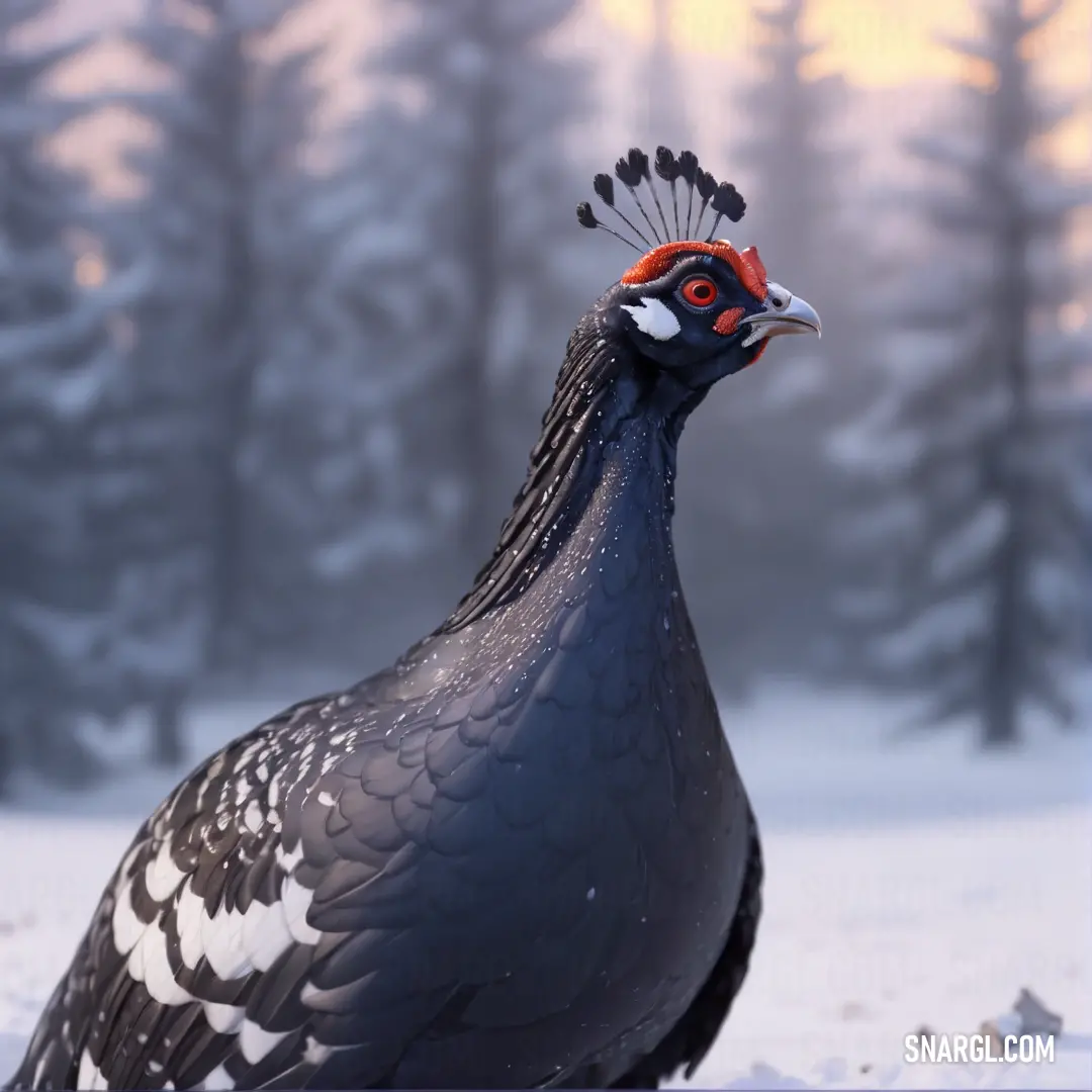 Black and white Black grouse with a red head and a black tail and a white and black pattern on its feathers