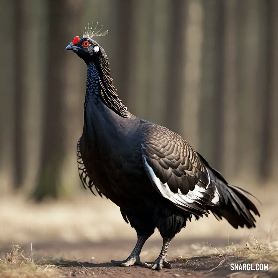 Black Black grouse with a red eye standing on a dirt road in front of a forest with tall trees