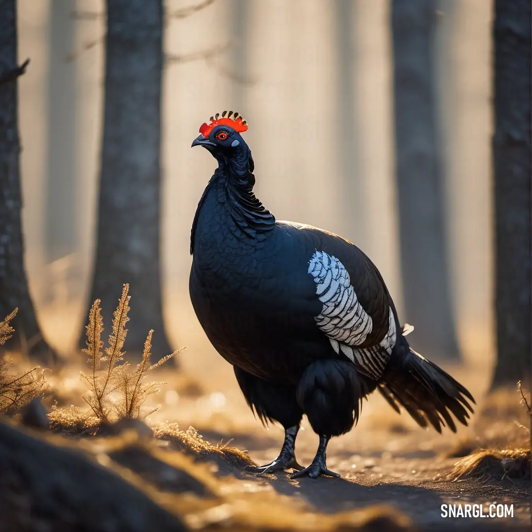 Black Black grouse with a red head standing in the woods with trees in the background