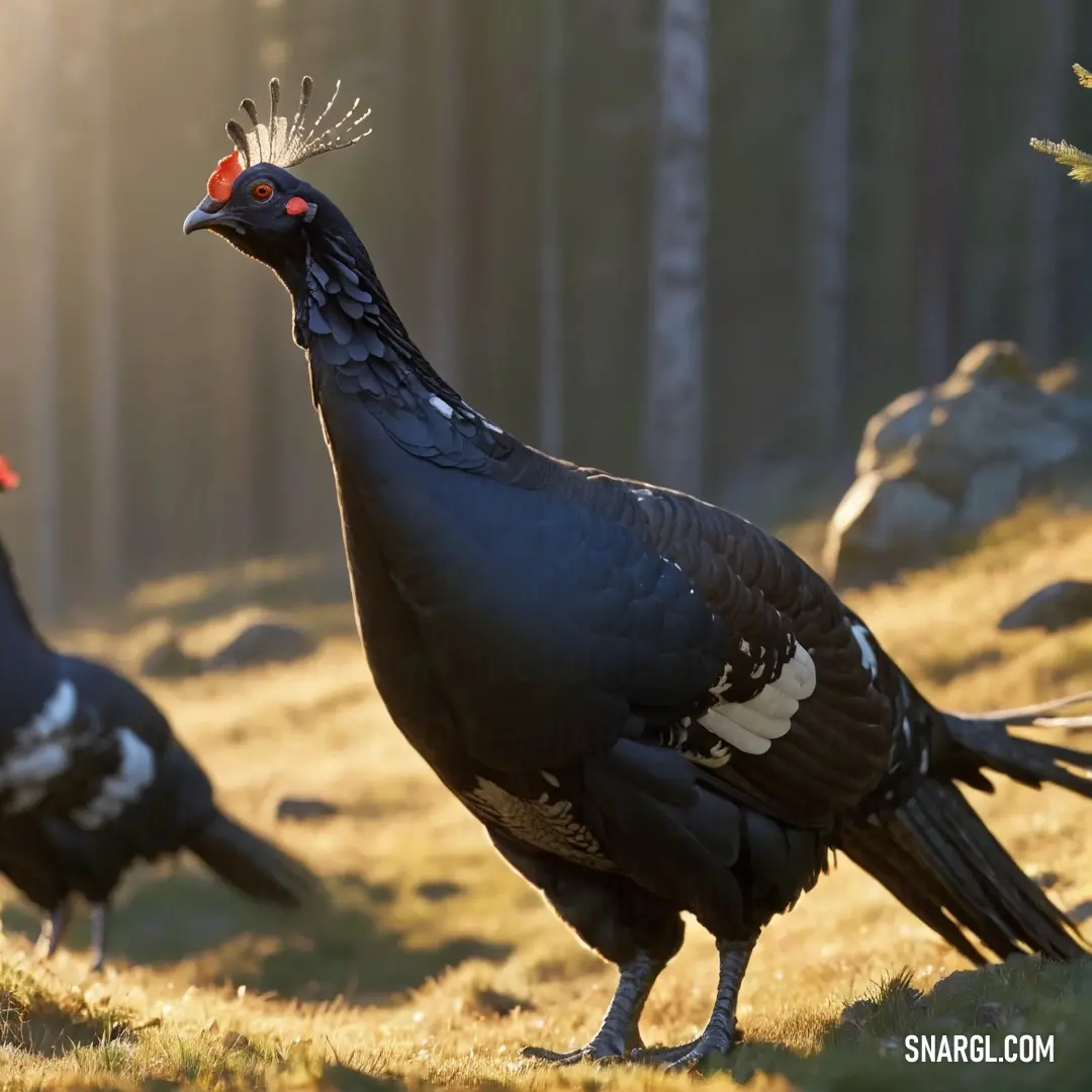 Couple of turkeys walking on a grassy hill side in the sun light of the day