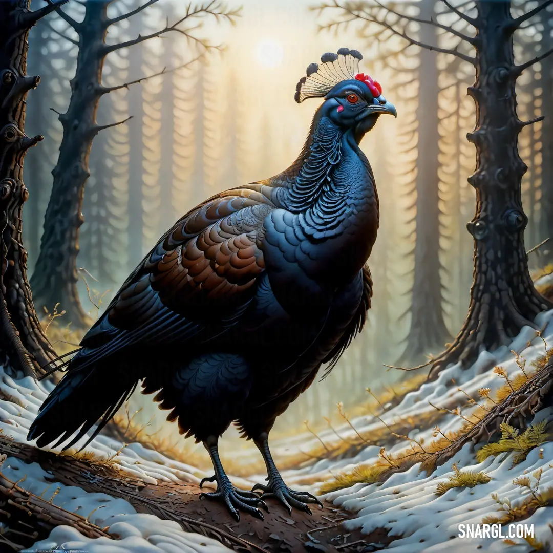 Painting of a Black grouse standing in a snowy forest with trees in the background