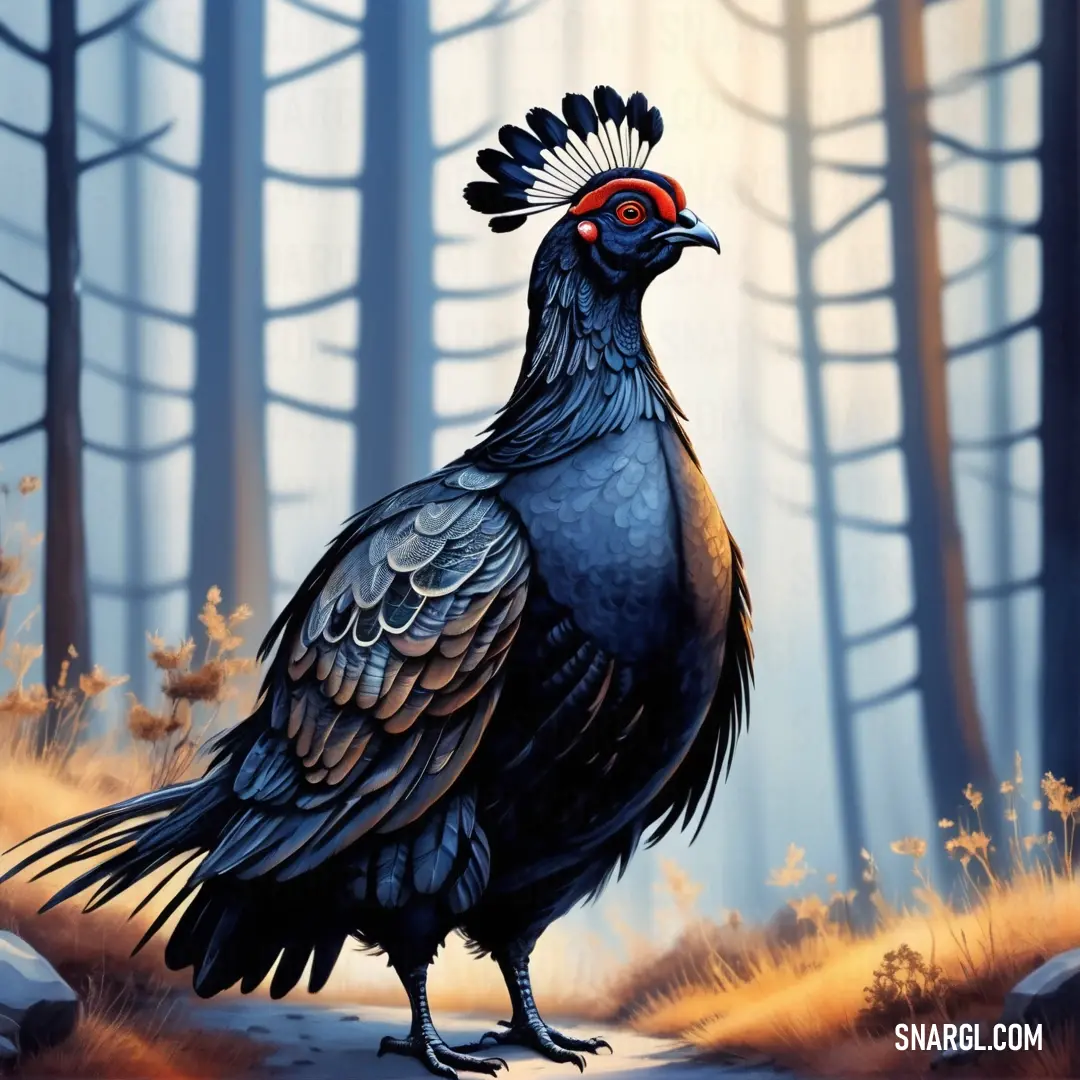 Painting of a Black grouse with a red headband on it's head standing in a forest with trees