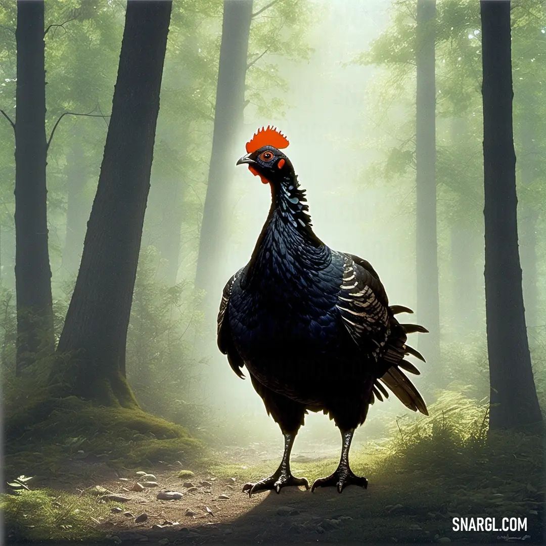 Rooster standing in the middle of a forest with a bright orange head and tail