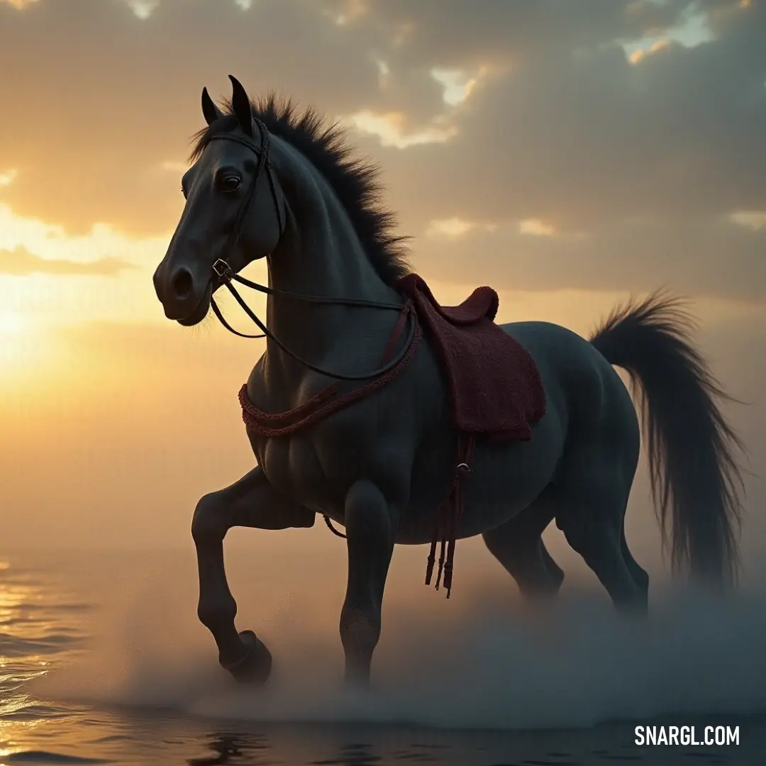A powerful creature dashes along the beach at dawn, with its saddle sparkling against the backdrop of a breathtaking sunrise. A magnificent creature races along the sandy shoreline, silhouetted by the captivating colors of dawn, exuding power and freedom with its saddle glistening in the light.