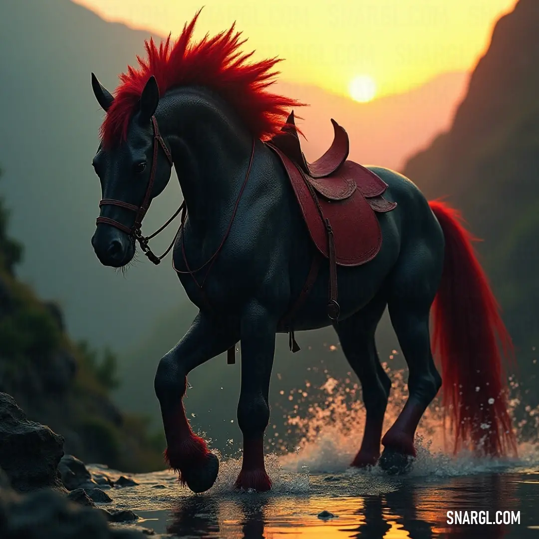 A stunning creature with vivid red hair walks gracefully through water at dusk, set against a backdrop of majestic mountains. A breathtaking creature with fiery red hair strolls through gentle waters at dusk, framed by majestic mountains and the soft glow of sunset's embrace.