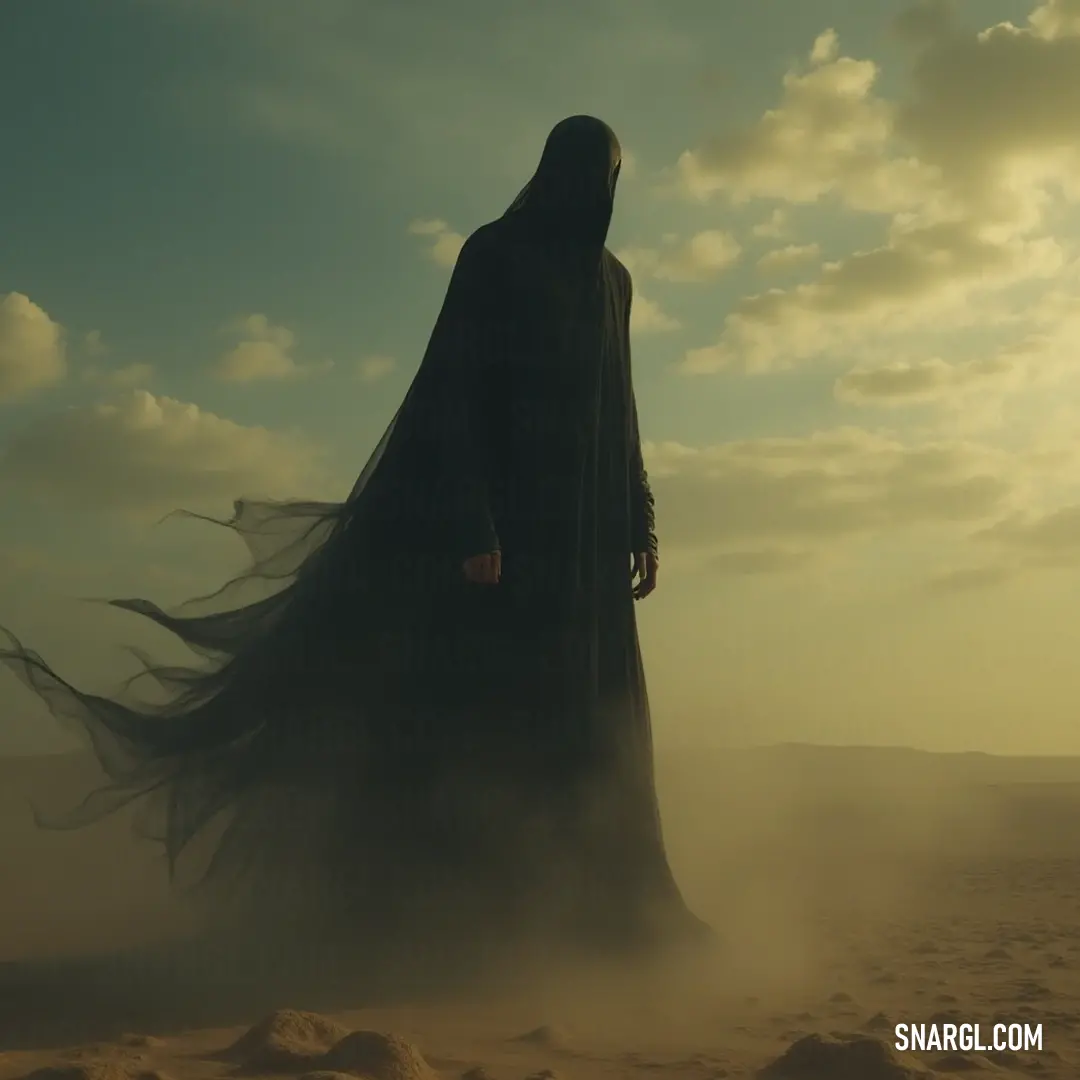 Amidst the sun-drenched desert, a Black Specter in a swirling black cloak stands tall, embodying the enigma of the vast landscape that spreads endlessly behind him, hinting at untold stories of despair and intrigue. A foreboding Black Specter looms in the desert, his black cloak billowing against the backdrop of a vast, open sky. The stark contrast of his dark form against the sunlit expanse evokes a sense of isolation, mystery, and the eternal battle between light a