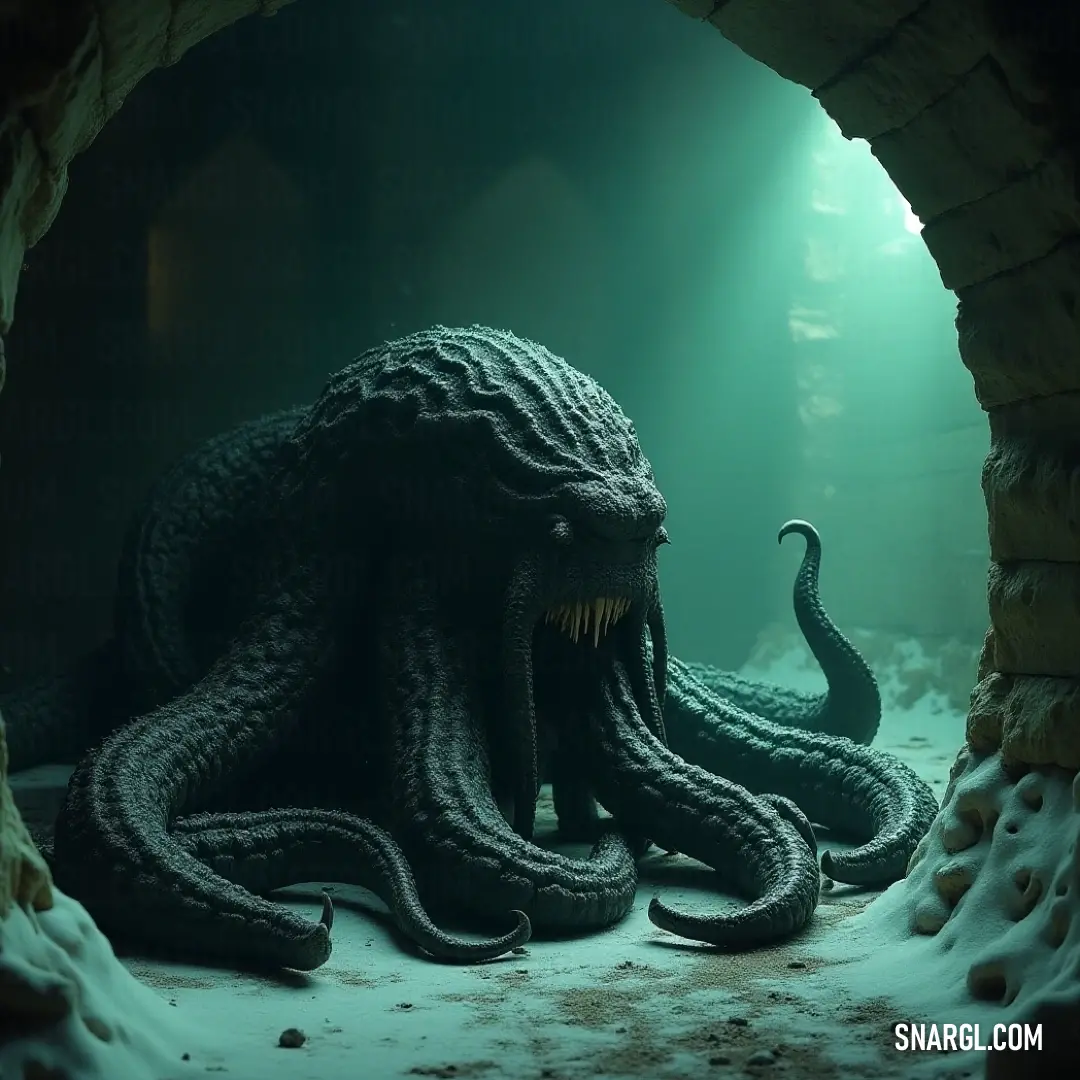 A fearsome giant black tentacle lurks in a dark cavern, its menacing mouth wide open, on the verge of unleashing its terrifying power. In a shadowy cave, a giant black tentacle emerges menacingly, revealing sharp teeth amidst an ominous display, giving life to legends of fearsome underwater creatures.