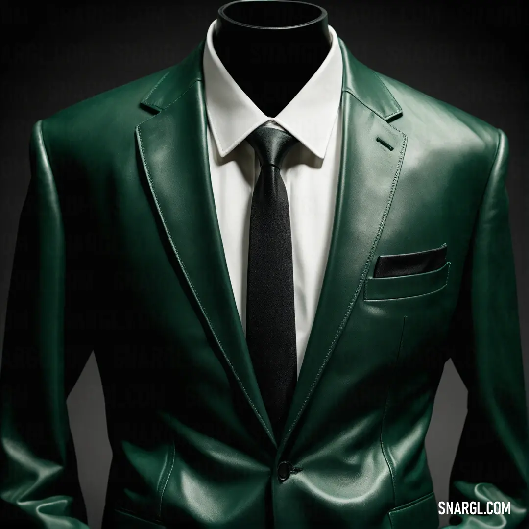 Green leather suit with a white shirt and black tie on a mannequin's dummyequin