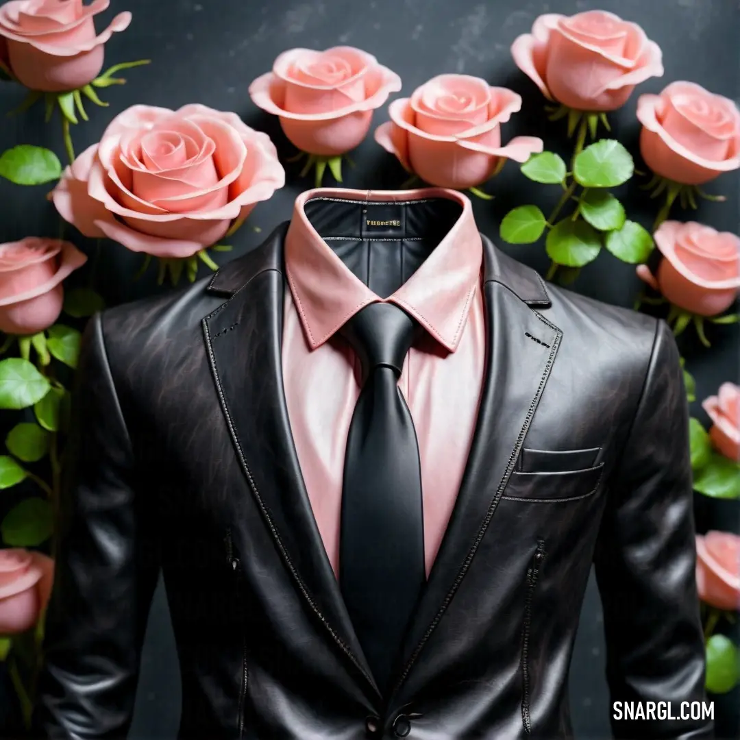 Man in a suit and tie with roses behind him and a black jacket on his chest