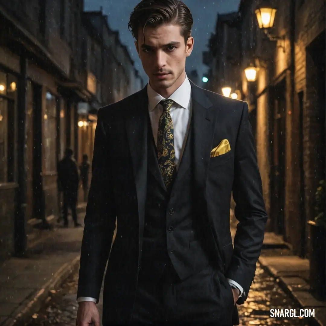 Man in a suit and tie standing on a street at night