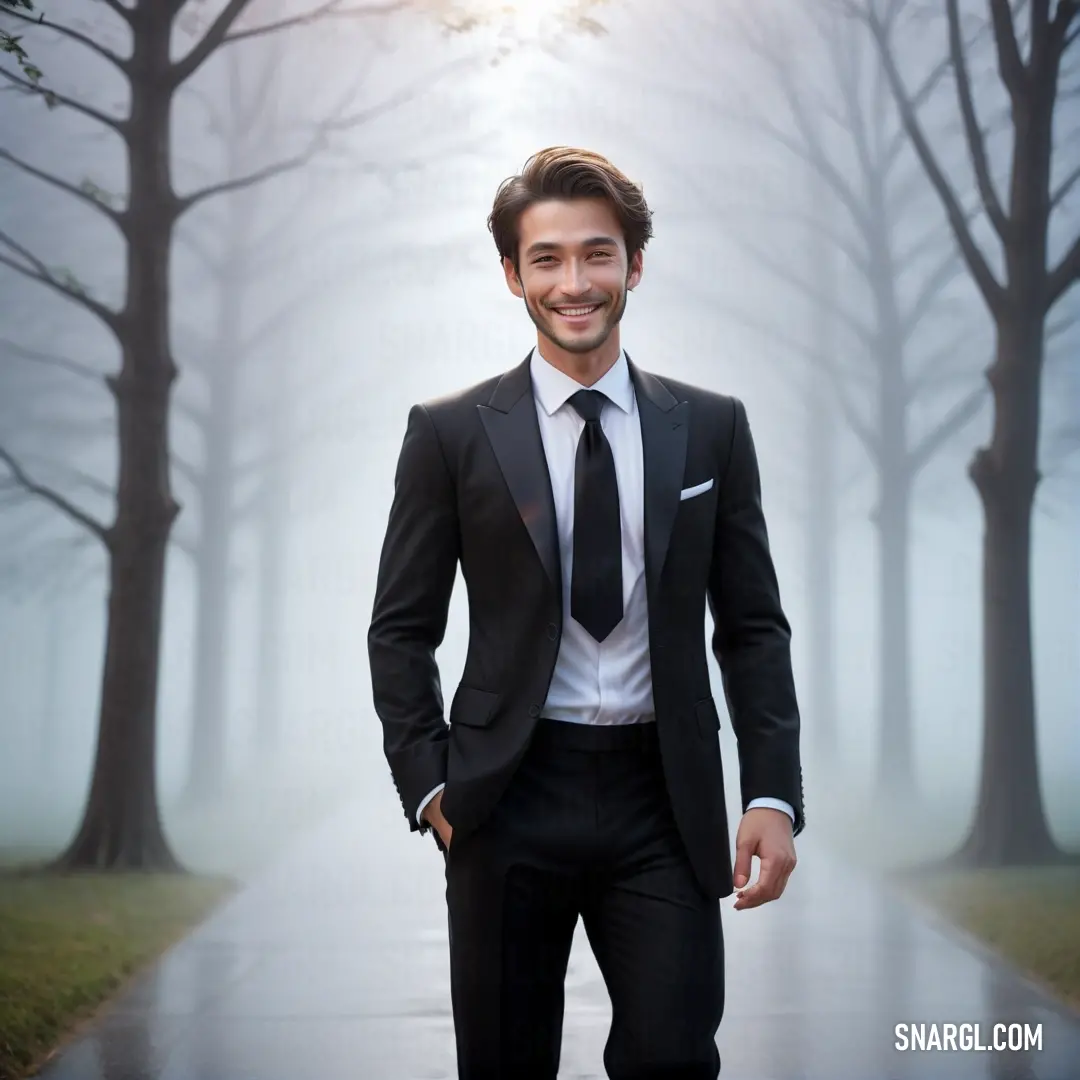 Man in a suit and tie standing in the rain in front of trees and a path with a light shining through