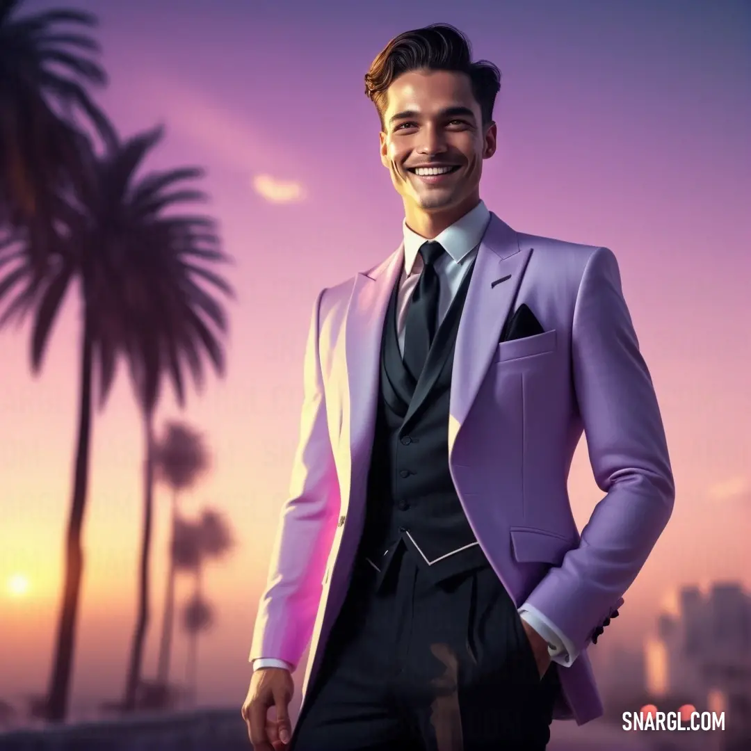 Man in a suit and tie standing in front of a palm tree at sunset with a city in the background