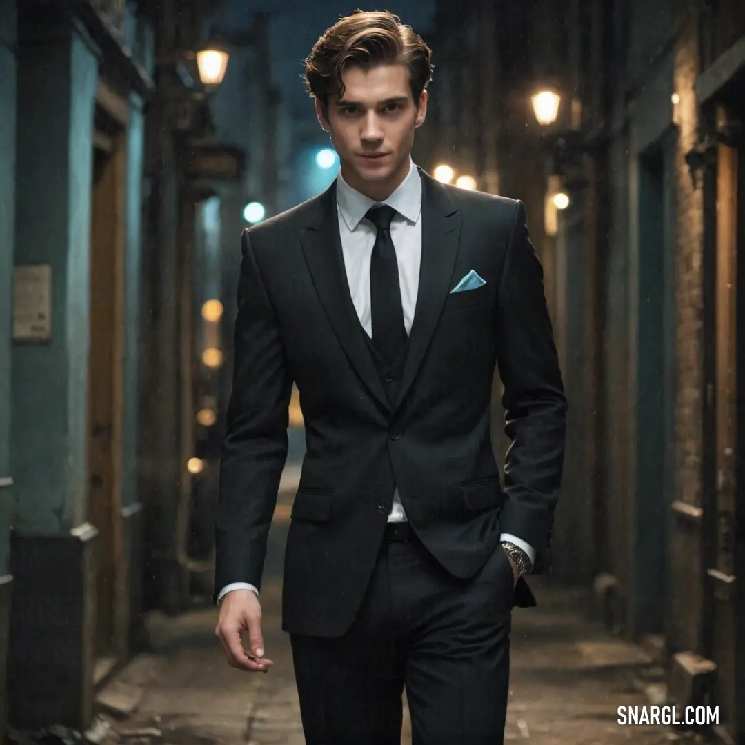 Man in a suit and tie walking down a street at night with lights on the ceiling and a dark alley way