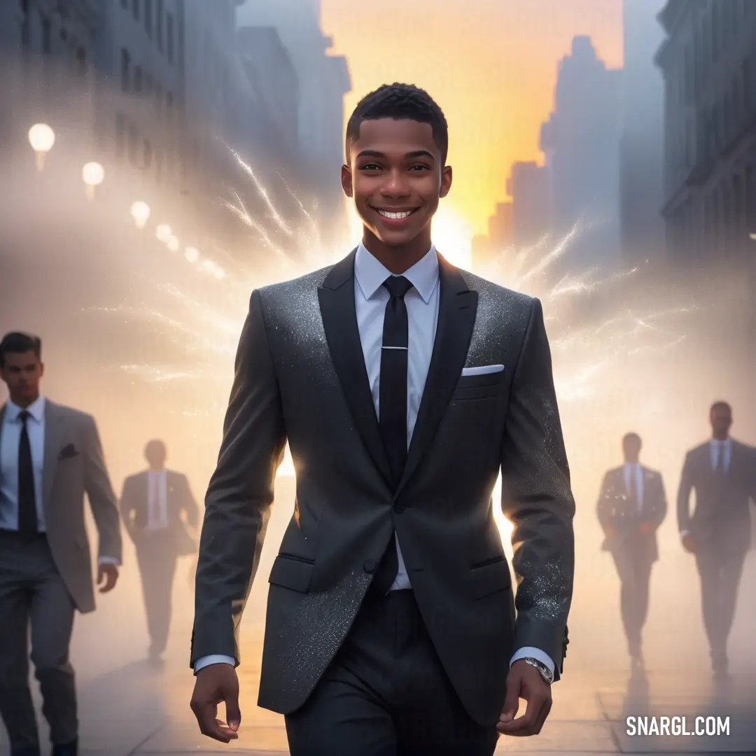 Man in a suit and tie walking down a street with a lot of people in the background