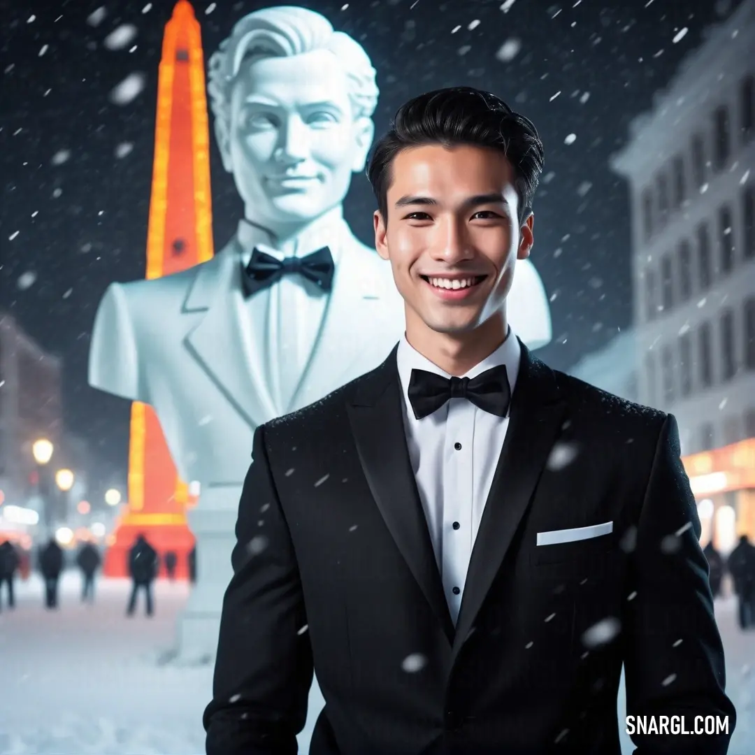 Man in a tuxedo standing in front of a statue of abraham lincoln in the snow at night