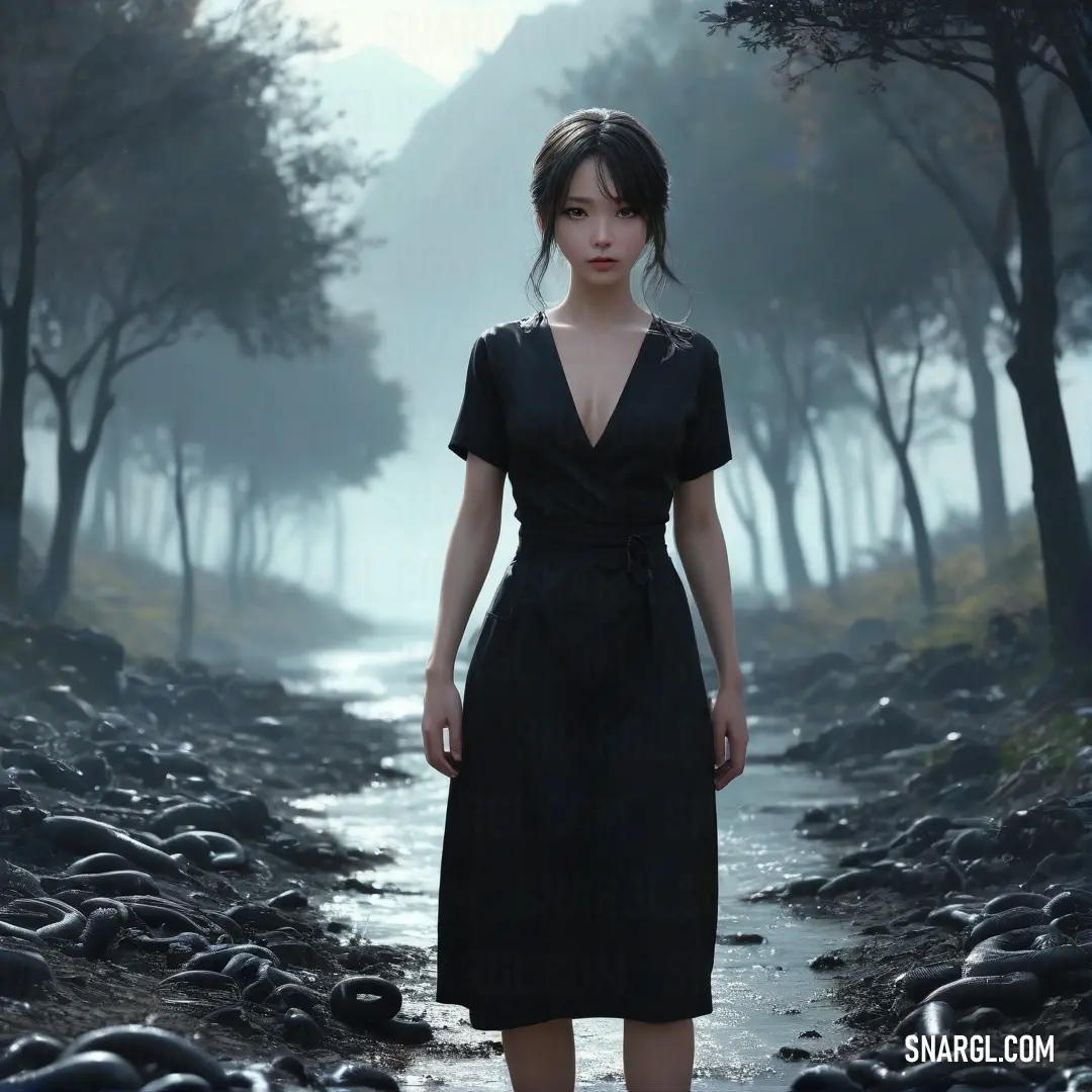 Woman in a black dress standing in a forest with a stream of water behind her and trees in the background