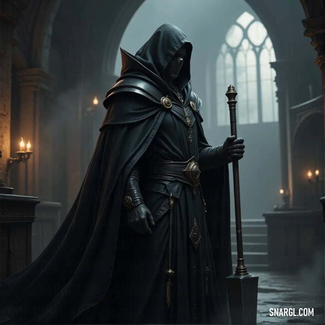 The Black Wizard, with his staff raised high, stands in a mysterious gothic room, where the light of a single candle flickers against the shadows of the ancient arch. A Black Wizard dressed in a dark hooded cloak holds a staff, casting his dark gaze upon a gothic-inspired room. The dim light of a candle flickers through a candlelit window, adding to the ominous mood of the scene.