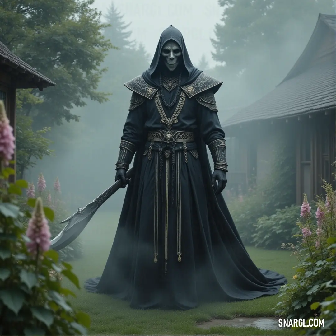 A Black Wraith dressed in black robes, wielding a large sword, stands in a peaceful garden with flowers and a distant house in the background. A Black Wraith, cloaked in dark robes, holds a large sword as it stands in a vibrant garden. The air is filled with colorful flowers, while an old house can be seen in the distance, blending the beauty of nature with the eerie presence of the wraith.