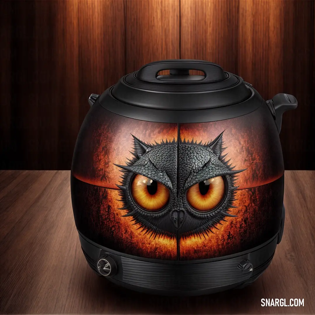 Black and orange pot with an owl face on it's side and a wooden background behind it