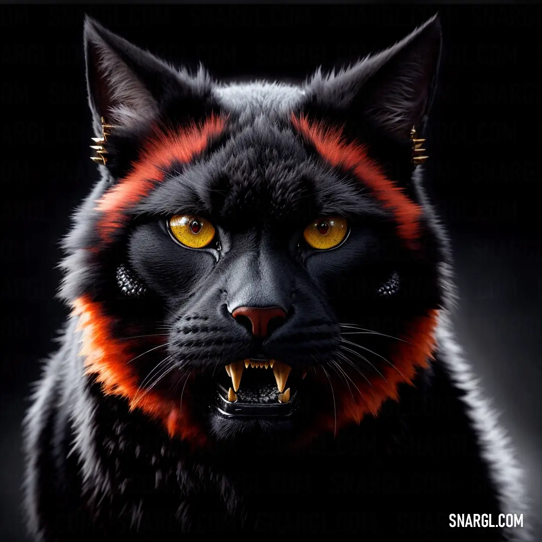 Black cat with orange eyes and a black background with a black background and a black background with a red and black cat with orange eyes