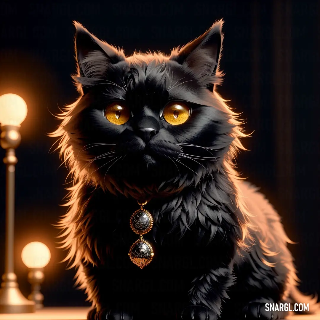 Black cat with yellow eyes on a table next to a lamp and a lamp post with a light on it