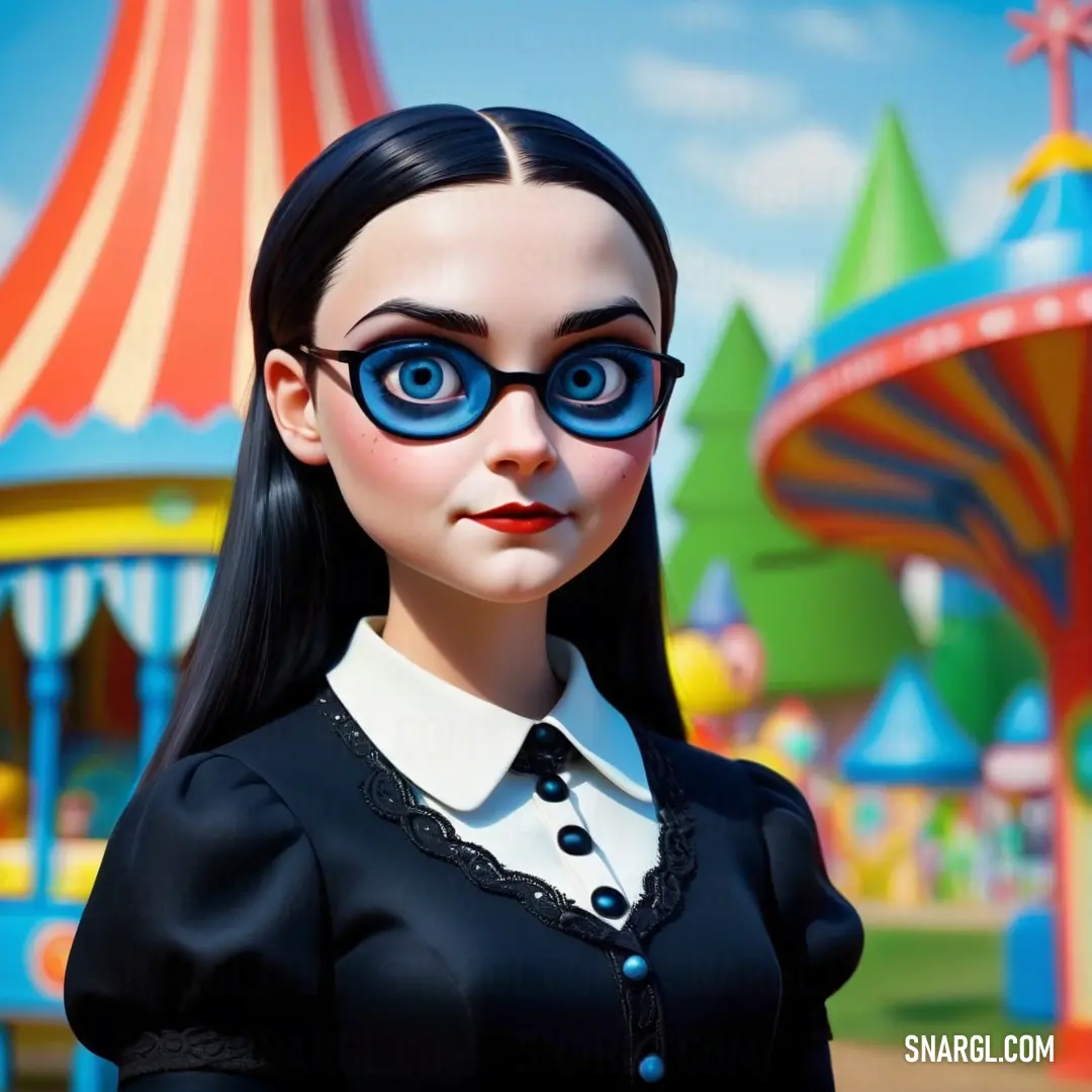 Cartoon girl with blue eyes and a black dress and a carnival ride in the background. Color CMYK 0,0,0,100.