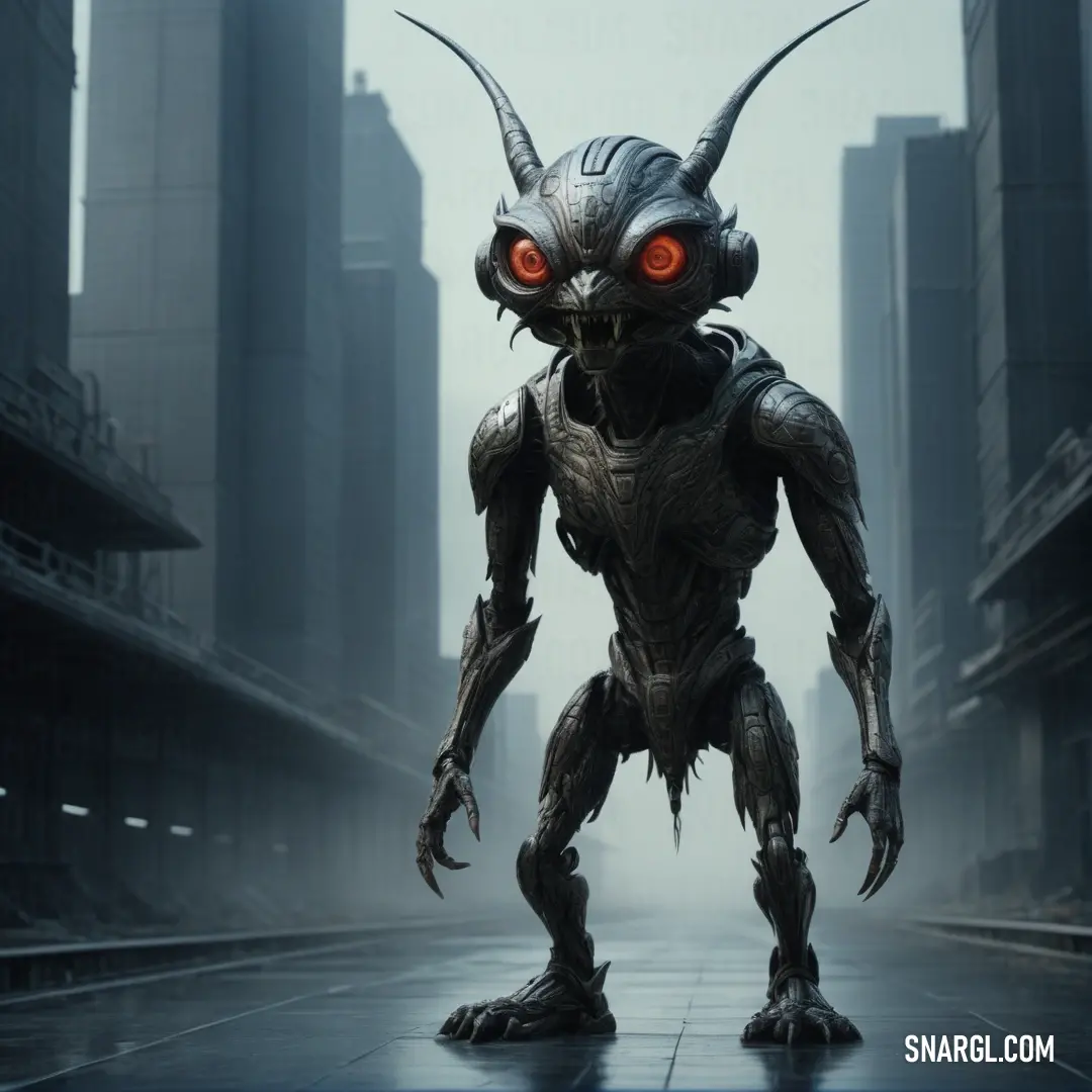 Creature with red eyes standing in a city street with tall buildings in the background. Color Black.