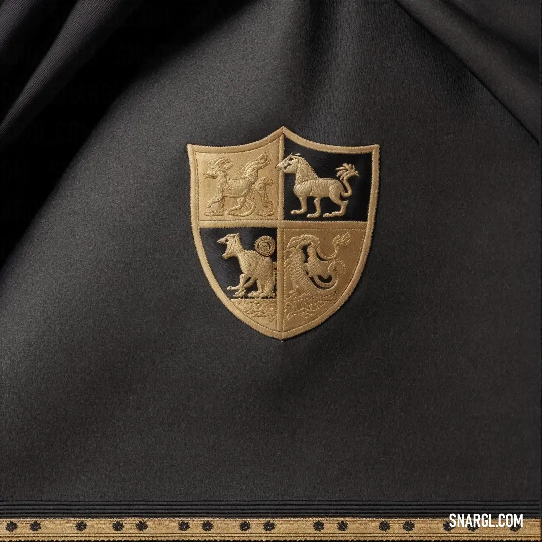 Coat with a horse and lions emblem on it's chest and a black background with gold trim