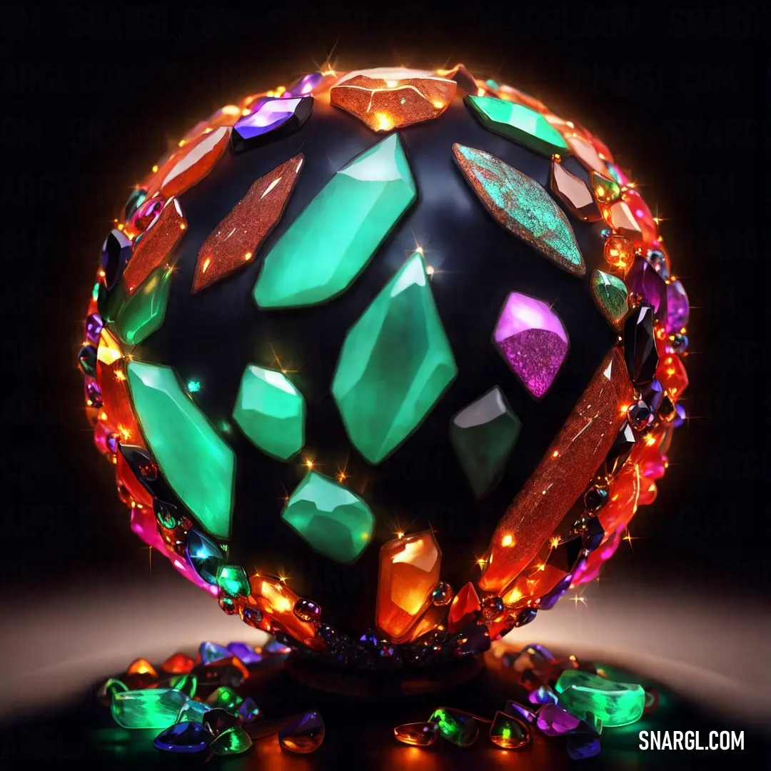 Colorful ball with many different colored stones on it's surface and a black background