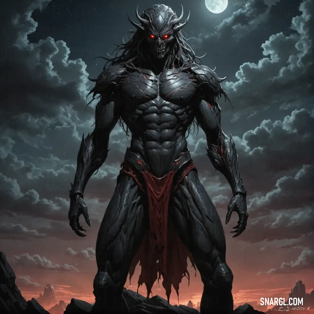 Demonic looking man standing in front of a full moon with a red demon on his chest. Color #000000.