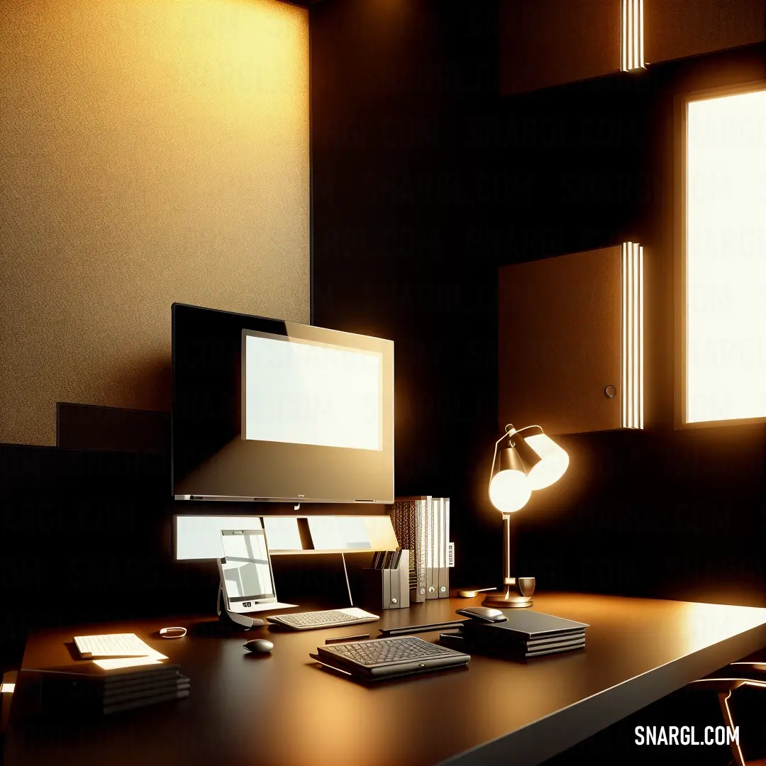 Desk with a computer and a lamp on it in a room with dark walls and flooring and a chair