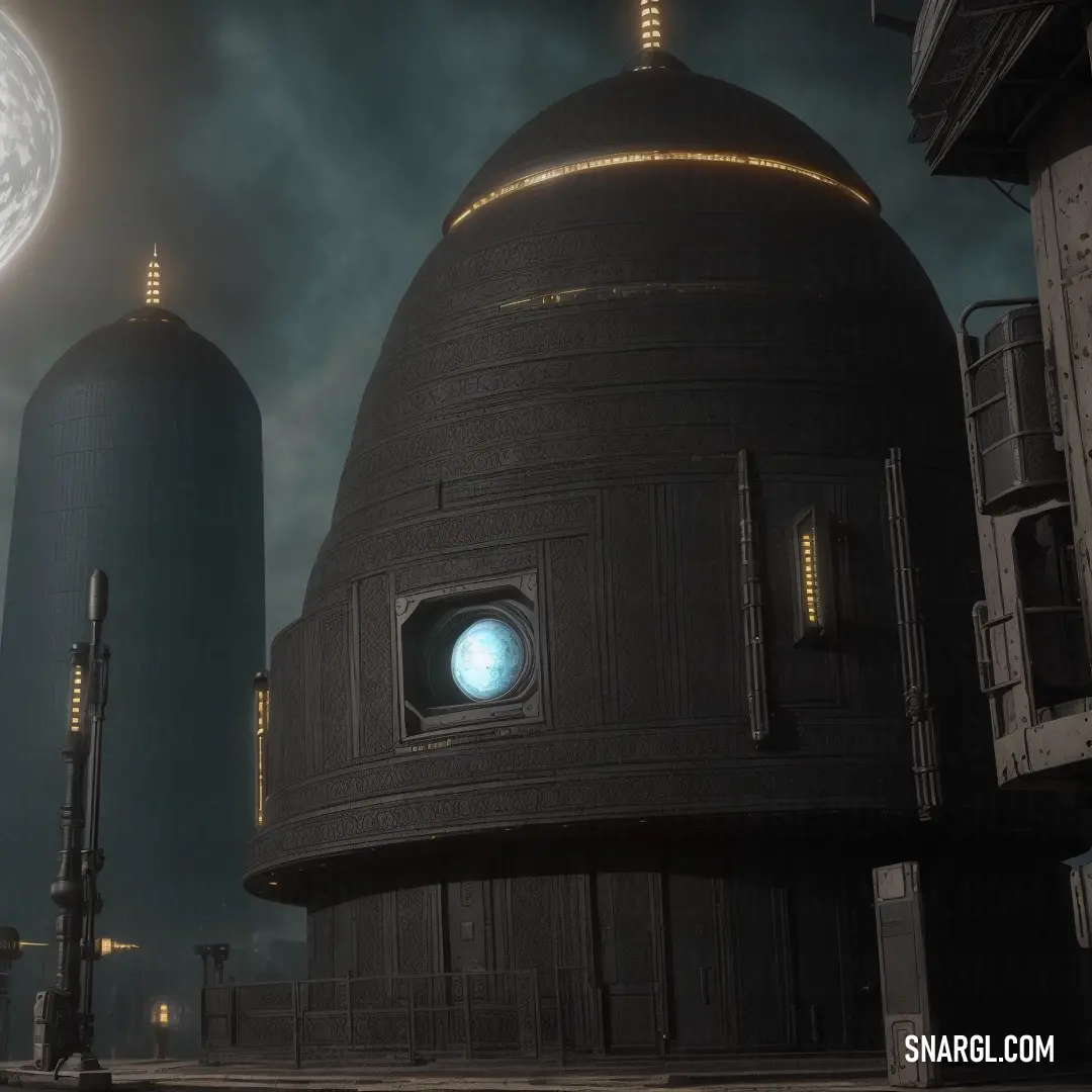 Futuristic city with a giant dome and a giant moon in the sky above it