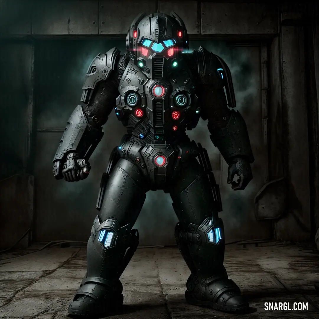 Futuristic man standing in a dark room with a large robot suit on his chest and glowing eyes on his face