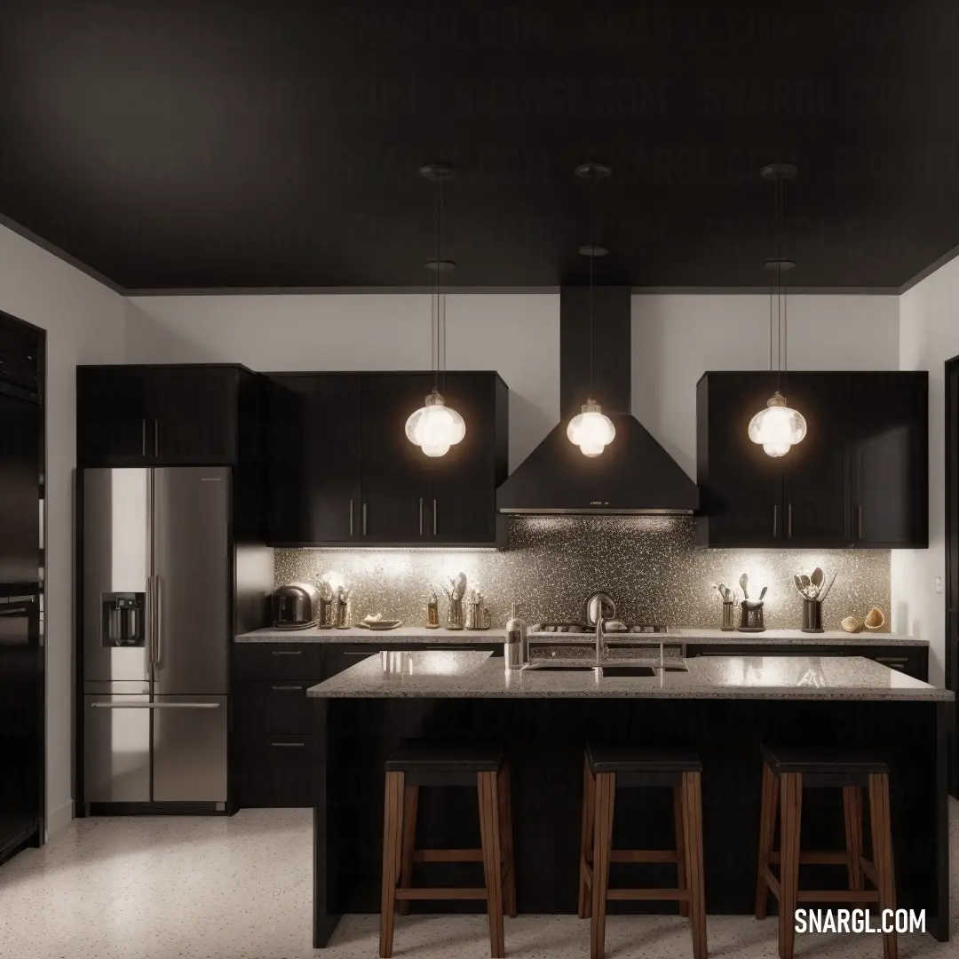 Kitchen with a center island and stools in it and lights on the ceiling above it and a refrigerator and a stove