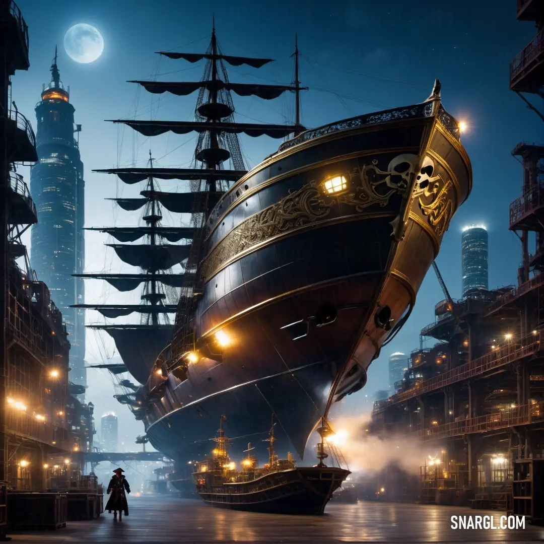 Large ship in a harbor with a man standing next to it at night time with a full moon in the background. Color #000000.