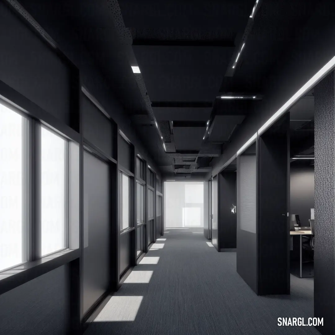 Long hallway with a black wall and a white door and windows on the side of the wall and a black door