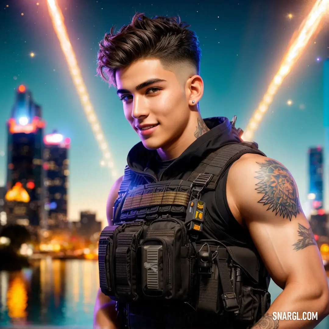 Man with tattoos and a vest on posing for a picture in front of a city skyline with fireworks. Color CMYK 0,0,0,100.