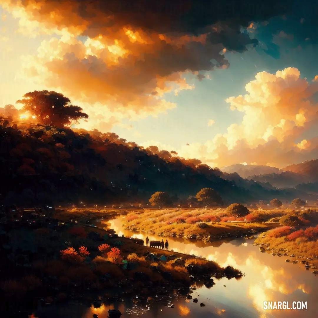 Painting of a river with a sky filled with clouds and trees in the background and a few people standing on the bank