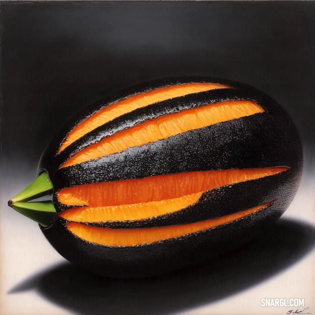 Painting of a squash with a green stem sticking out of it's center and a black background