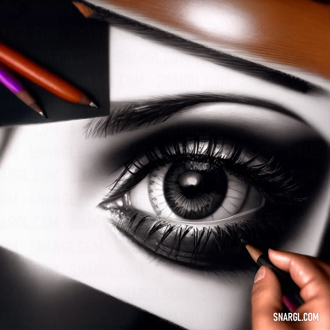 Person drawing a picture of a woman's eye with a pencil and a pencil holder on a table