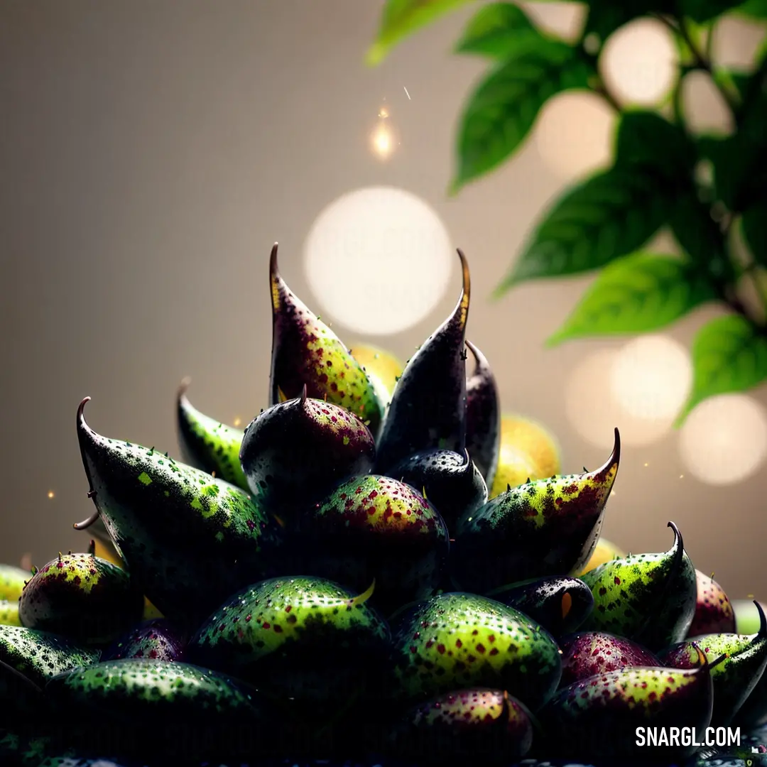 Pile of green and purple fruit on top of a table next to a plant with leaves on it