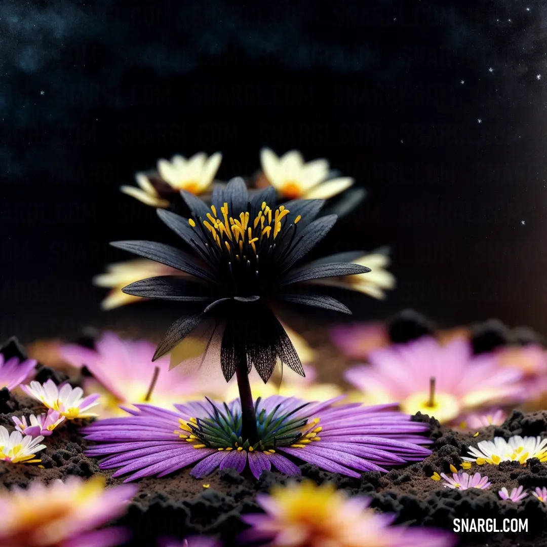 Purple flower with yellow centers surrounded by other flowers and stars in the sky above it