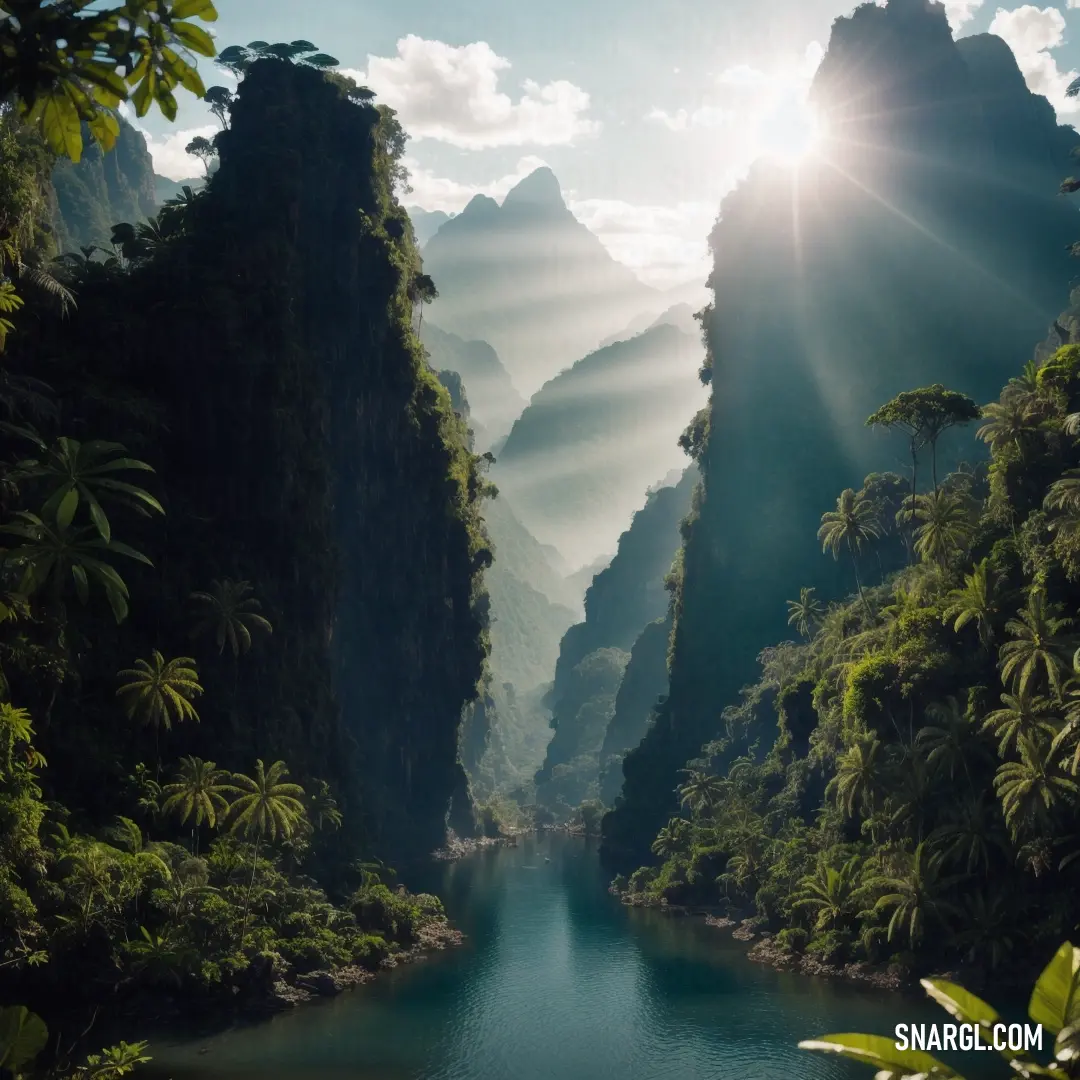 River surrounded by mountains and trees with the sun shining through the clouds above it