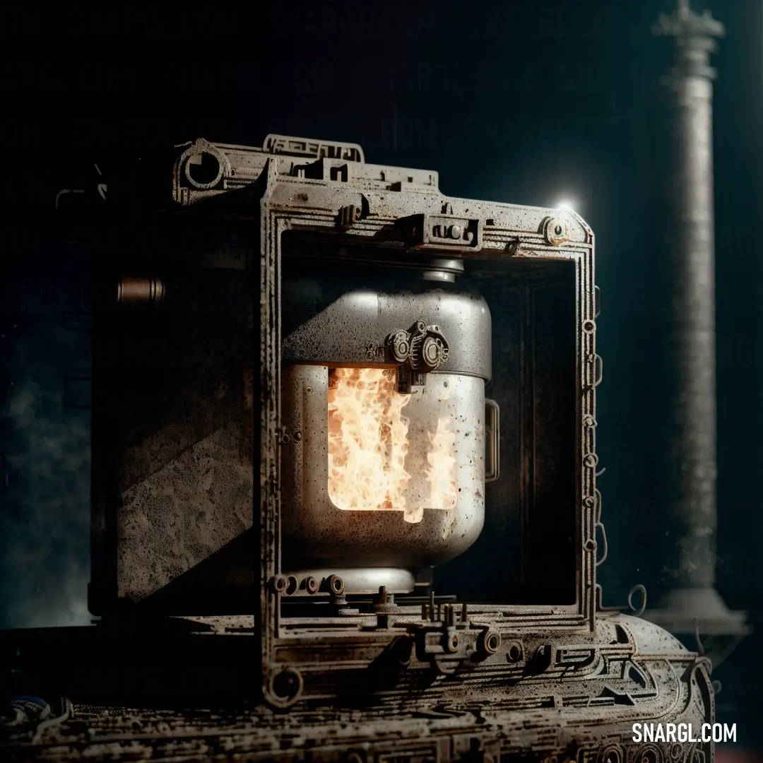 Stove with a flame inside of it in a dark room with a light on it and a pillar in the background