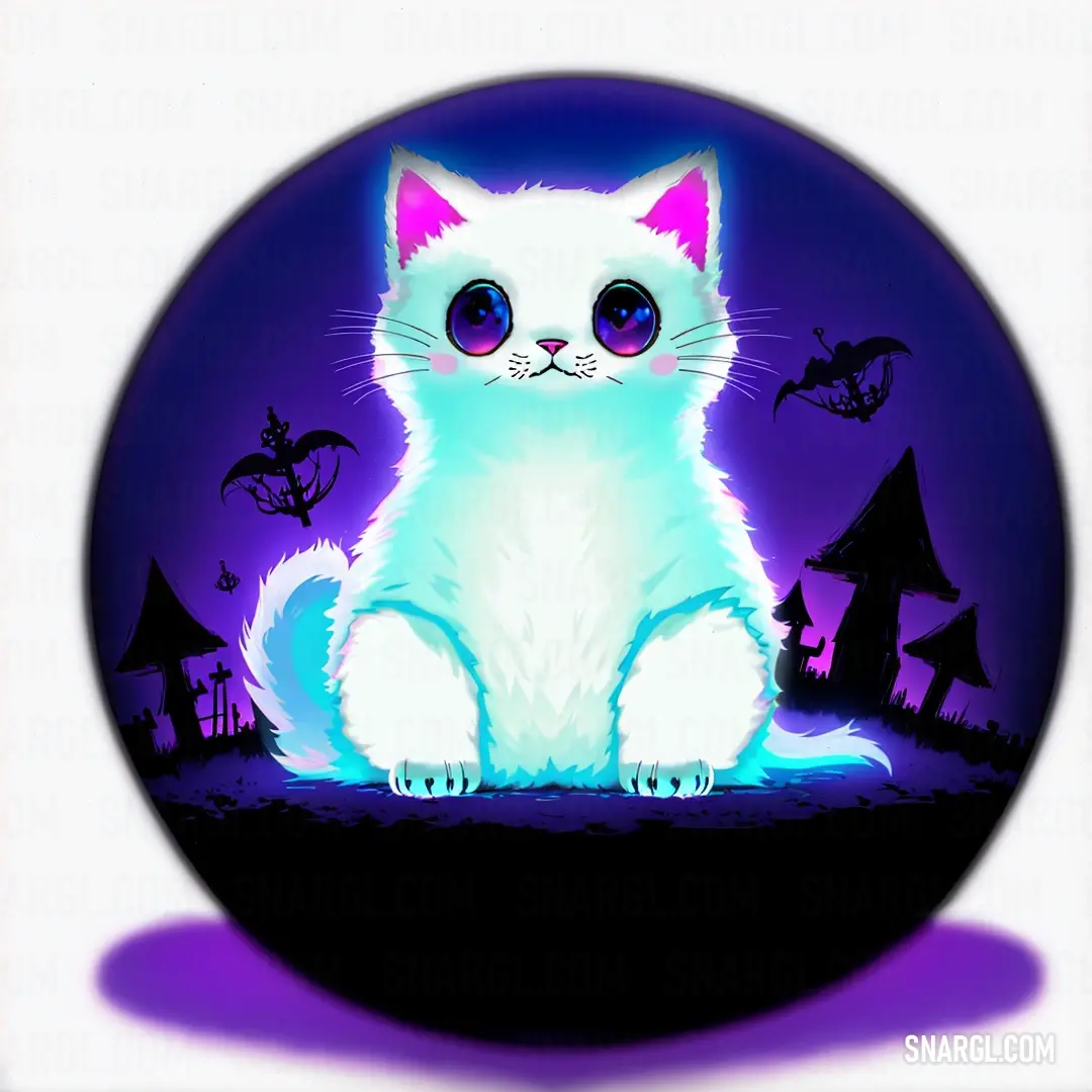 White cat on a purple background with bats and bats around it. Example of RGB 0,0,0 color.